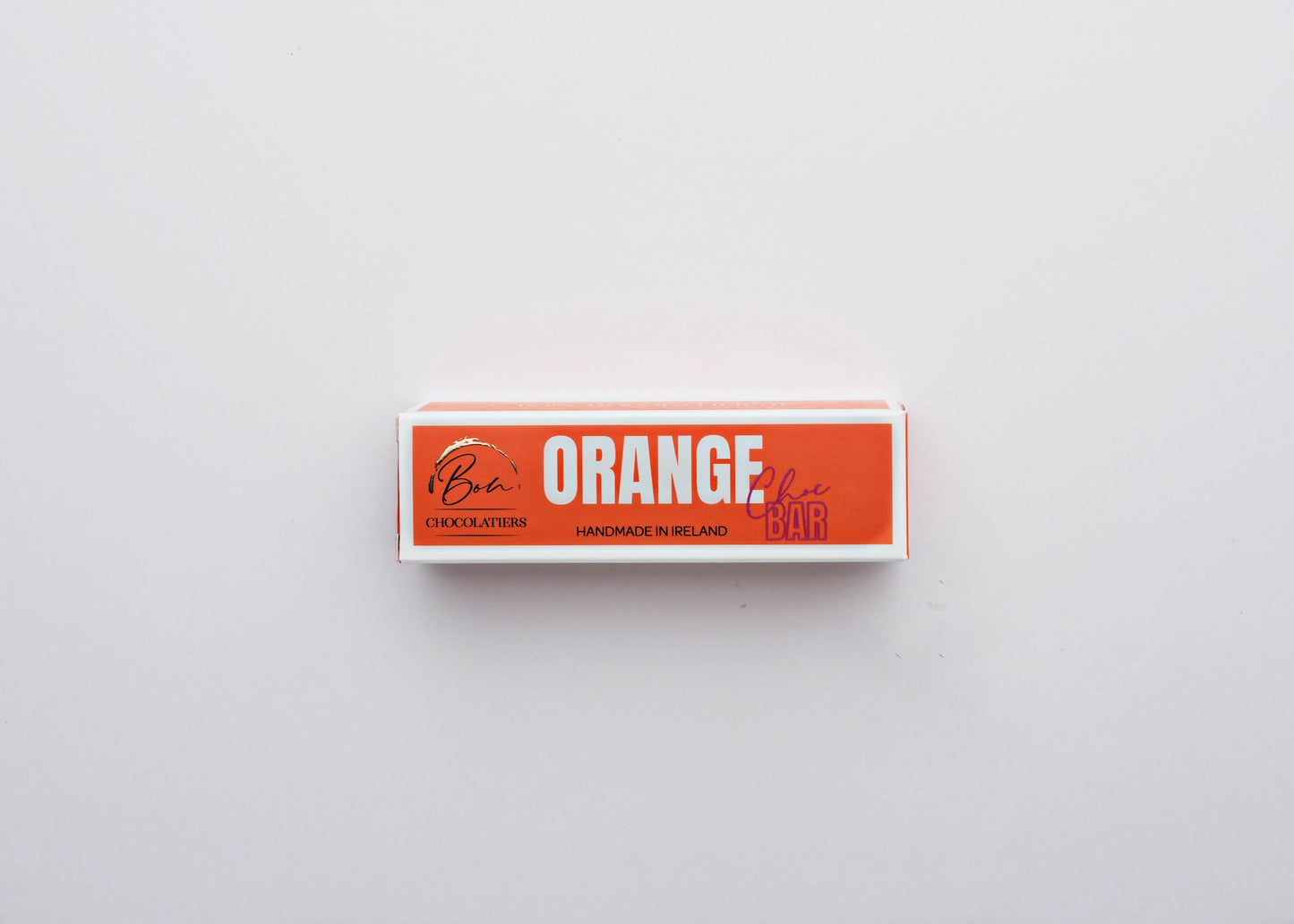 Handmade Irish orange chocolate bar by Bon Chocolatiers in branded box, a luxury birthday treat for foodies.
